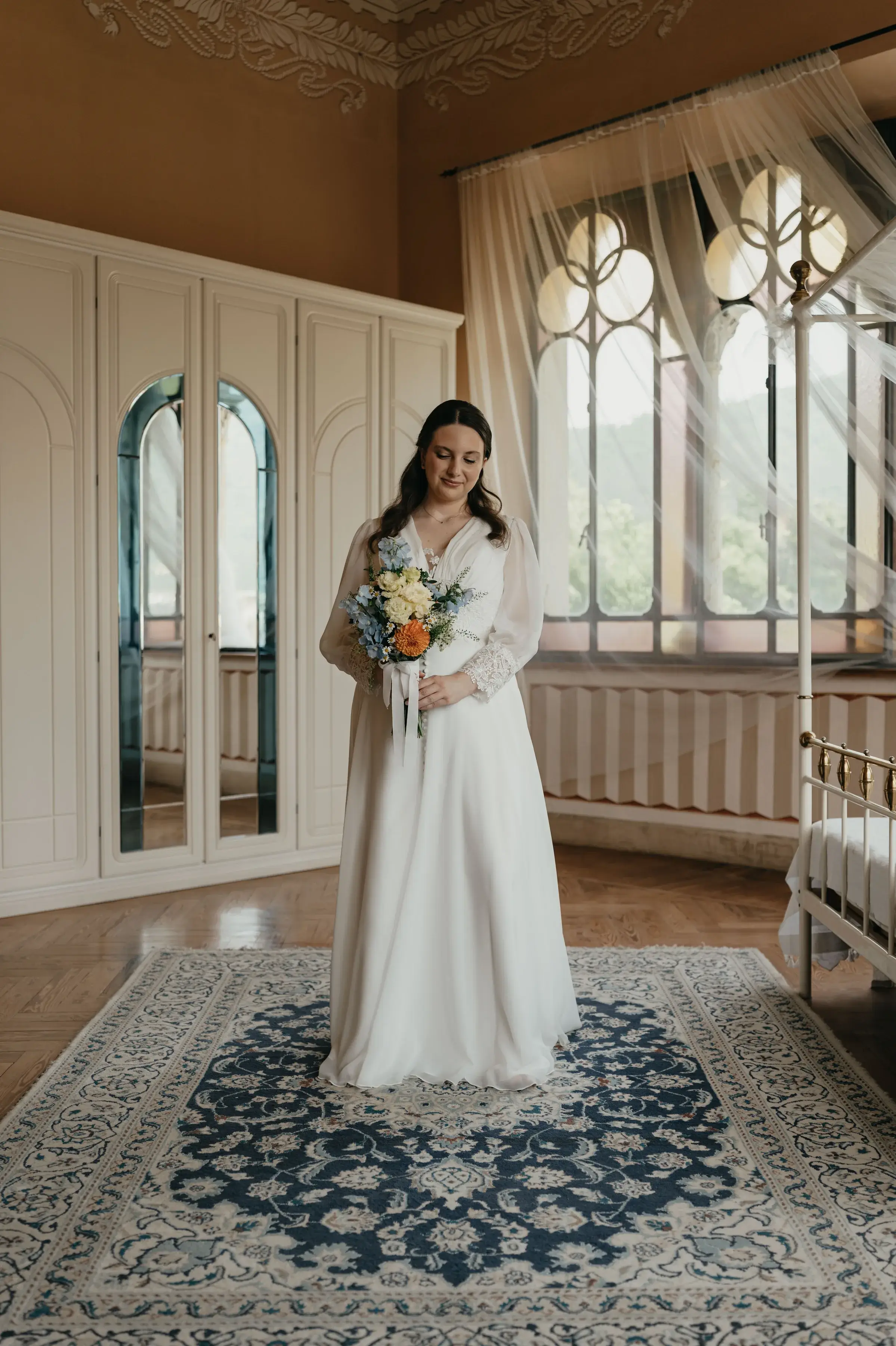 A bride ready in an Italian villa, hair and makeup by Elena Cammarano